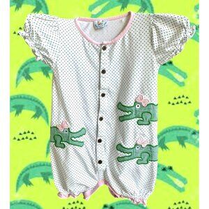 Busy Bees Smocks Girl Toddler Romper Embroidered Alligators White Green Dots EUC